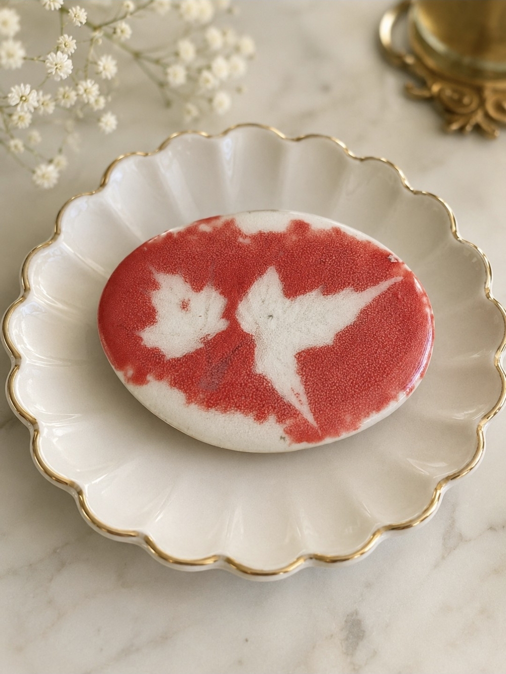 Handmade Red & White Ceramic Canadian  Maple Leaf Brooch